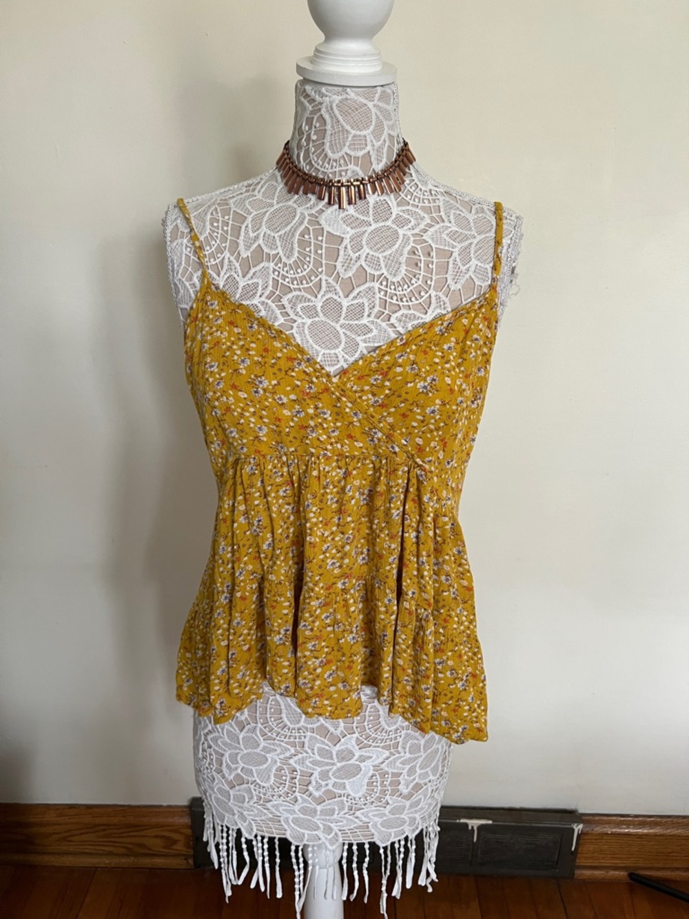 Yellow Floral Spaghetti-Strap Peplum Cami